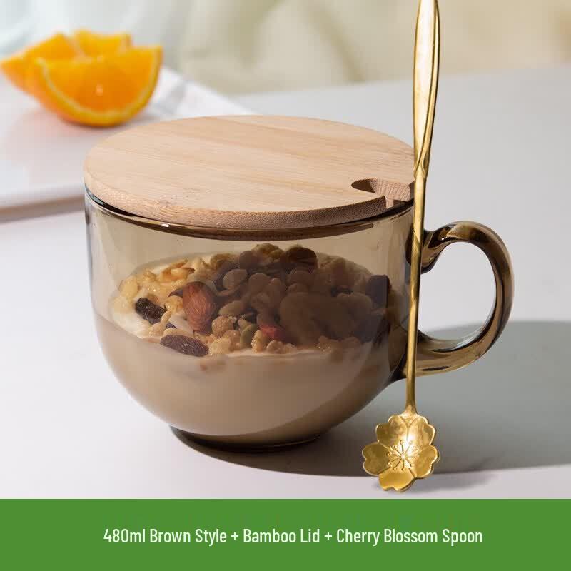 Qiwei Heat-Resistant Glass Breakfast Mug with Lid and Spoon