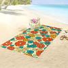 Retro Floral Beach Towel, Vintage Orange Yellow Teal Flowers Bold Black Outlines Soft Microfiber for Travel Beach Picnic Bath