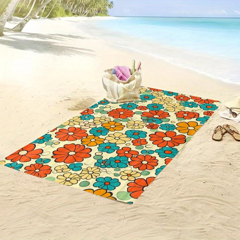 Retro Floral Beach Towel, Vintage Orange Yellow Teal Flowers Bold Black Outlines Soft Microfiber for Travel Beach Picnic Bath