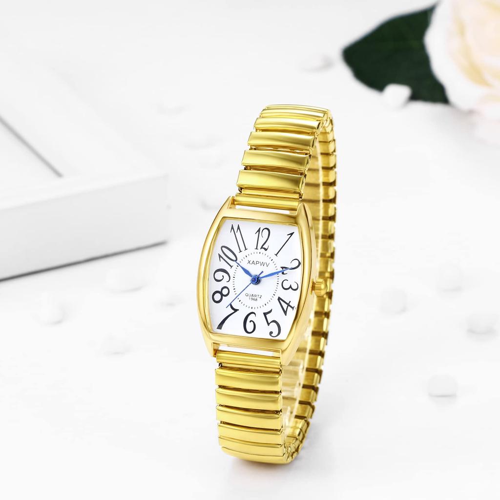 Stylish Watches with Square Analog Display and Elastic Quartz for Men and Fashionable Perfect Gift for or Your Lover Couple's Strap, Movement, Gold,