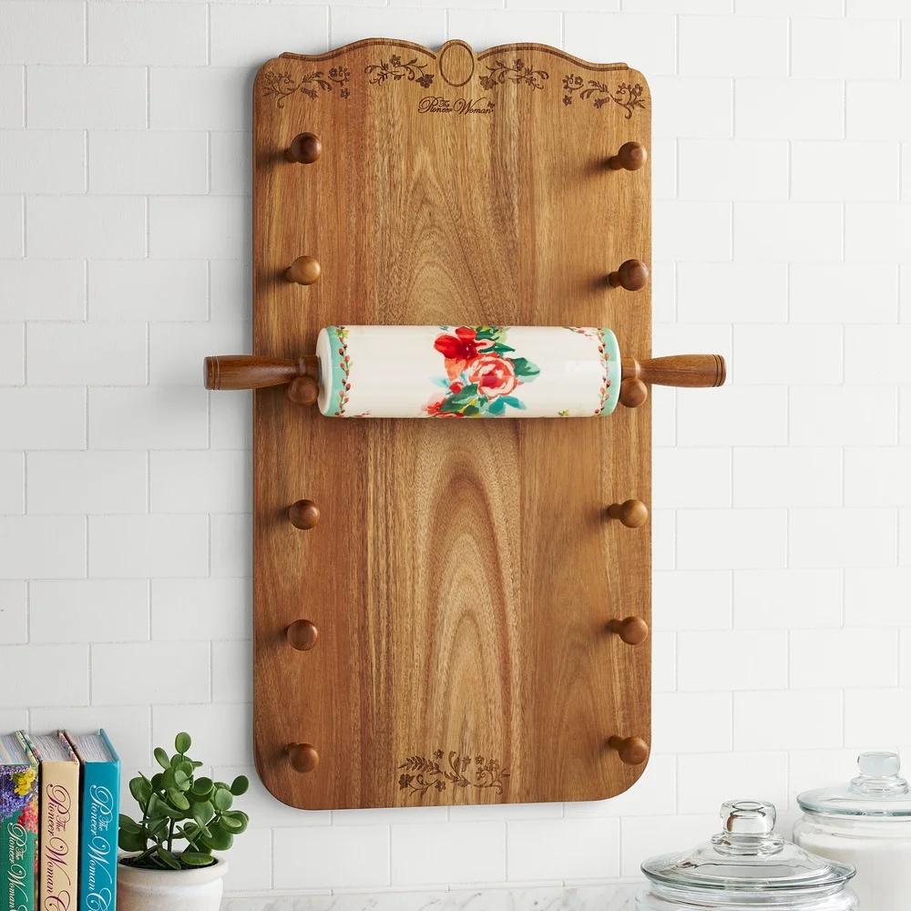 Ceramic Rolling Pin with Acacia Wood Holder Floral Design Kitchen Baking Tool Set Ideal Gift Home Bakers