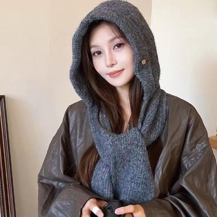 Balacara Knitted Hat Integrated Scarf Hat Korean Style Fashionable Autumn and Winter Outdoor Warm Baotou Woolen Hat