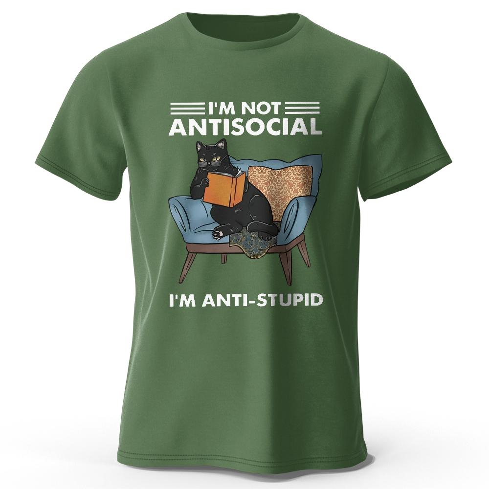 I Am Not Anti Social Cat Print T-Shirt Men's Summer 100% Cotton Oversized Funny T-Shirt Men's Women's Summer Short Sleeves