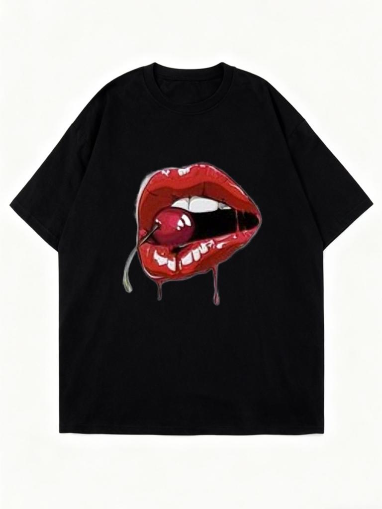 Oversized T Shirt Black Cherry Lips Print Graphic Tee Casual Streetwear Summer Outfit Women Fashion Top