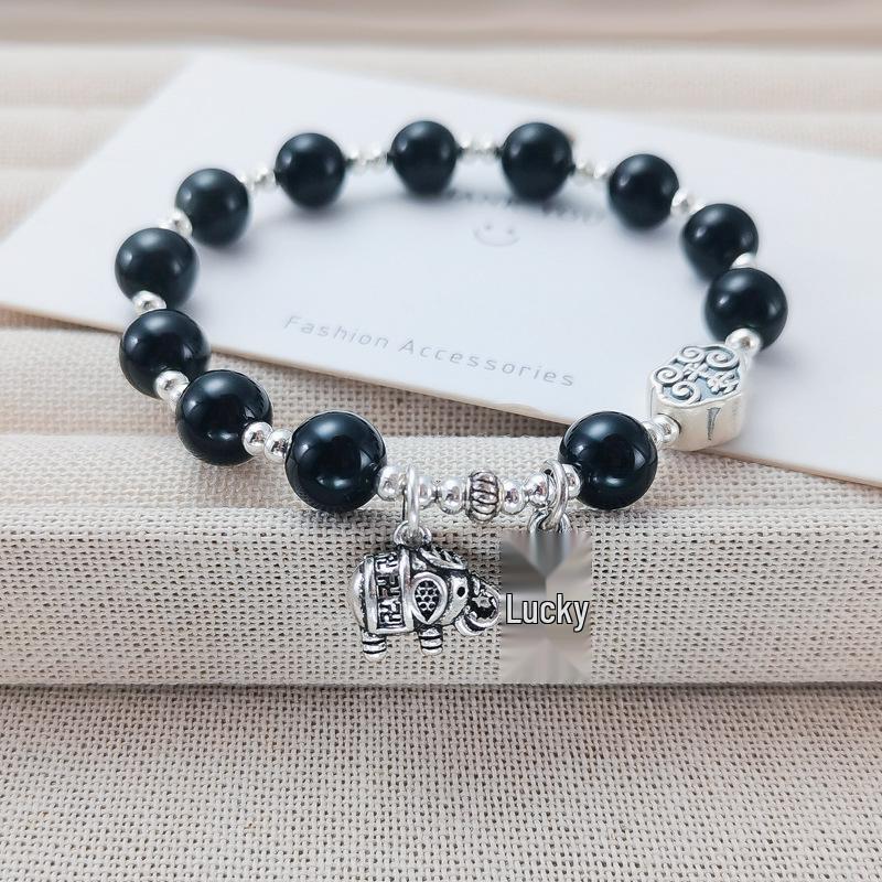 Elephant Blessing Bracelet: 925 Sterling Silver & Obsidian Beads for Luck & Wealth 925 Silver