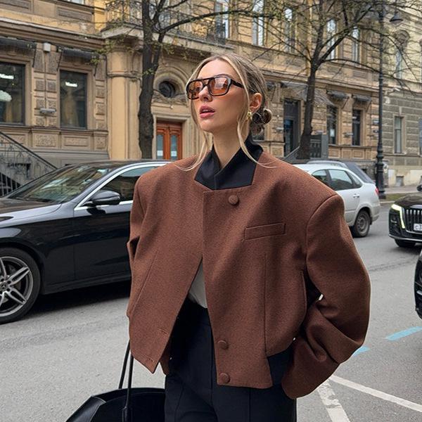 

2025 Ретро Коричневая Шерстяная Короткая Куртка - Женская Осенне-Зимняя Мода L коричневый