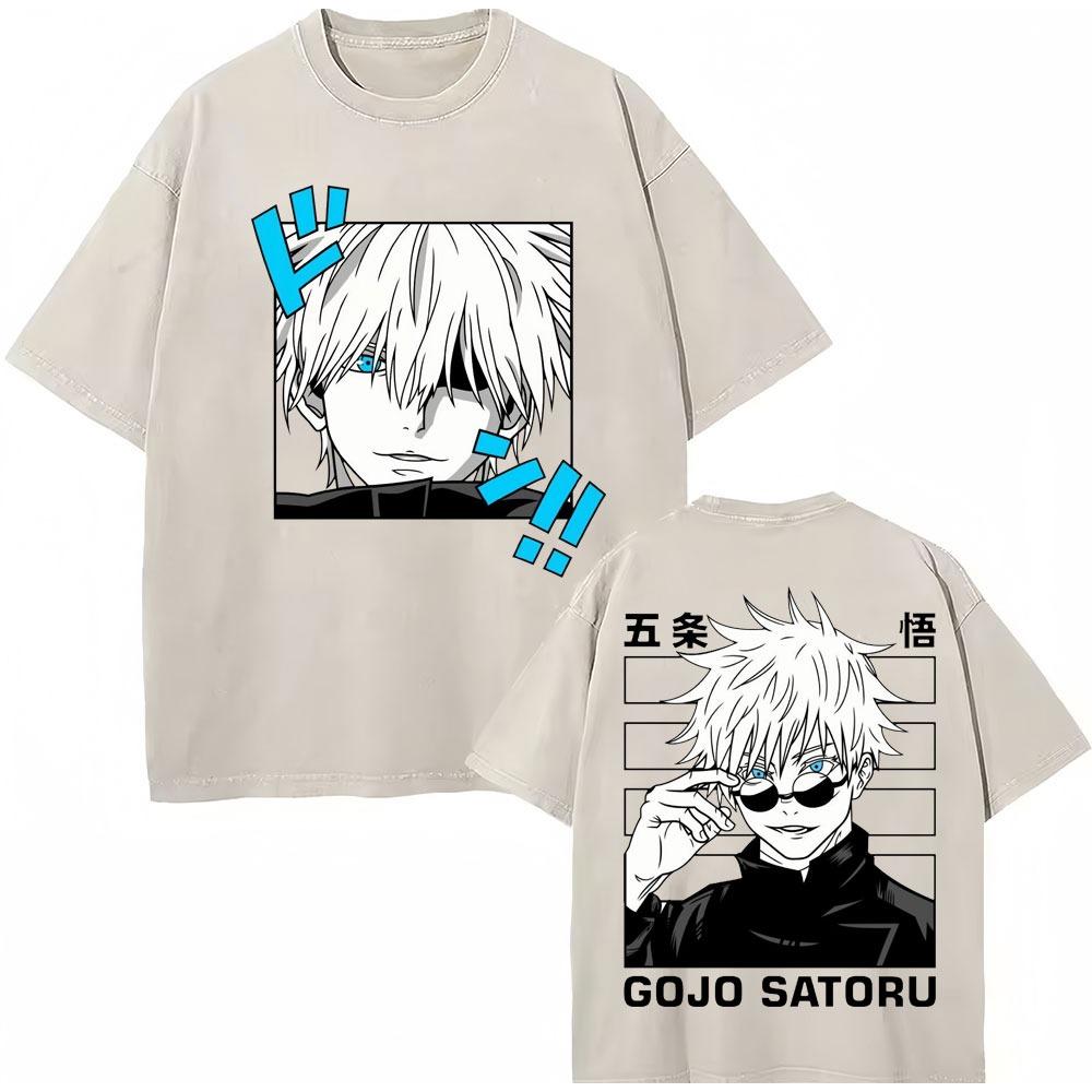Japan Anime Jujutsu Kaisen Gewaschene T-Shirts Satoru Gojo Geto Suguru T-Shirt Lässig Baumwolle Oversized Harajuku T-Shirt