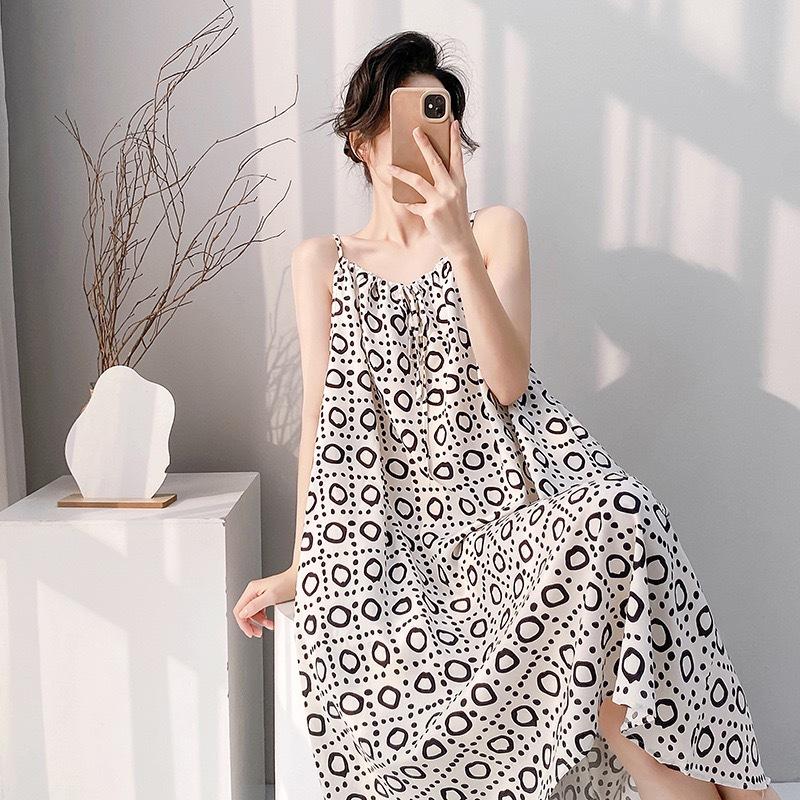 Suspender nightgown women's summer sexy long can wear cotton silk pajamas spring and autumn thin high-end loungewear