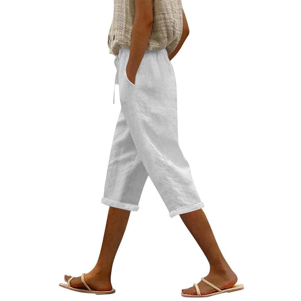 Women's Fashion Casual Loose Colour Cotton Linen Drawstring 7/10 Pants
