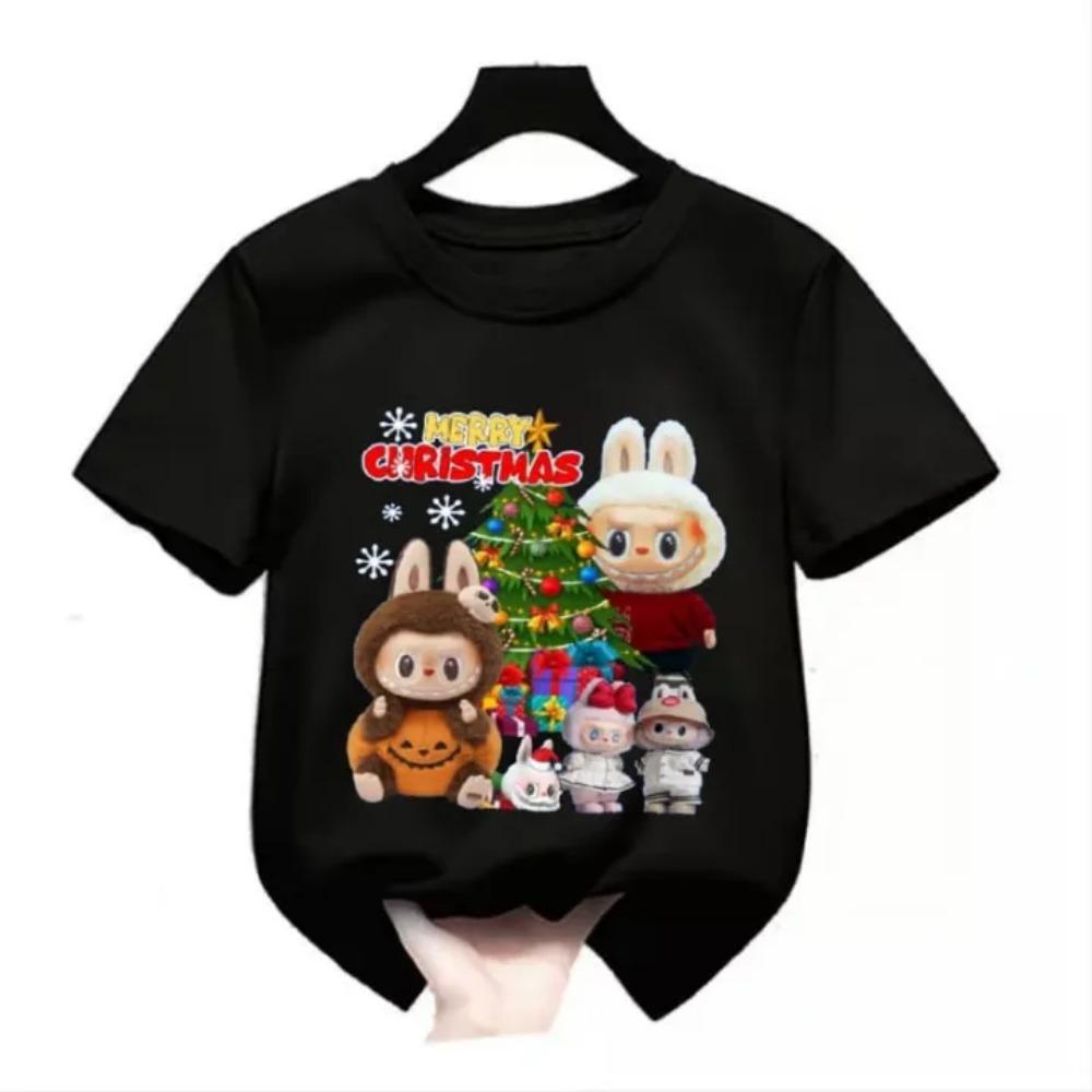 2025 New LABUBU Children's T-shirt Christmas LABUBU Style Round Neck Short Sleeved Casual Girls' Top