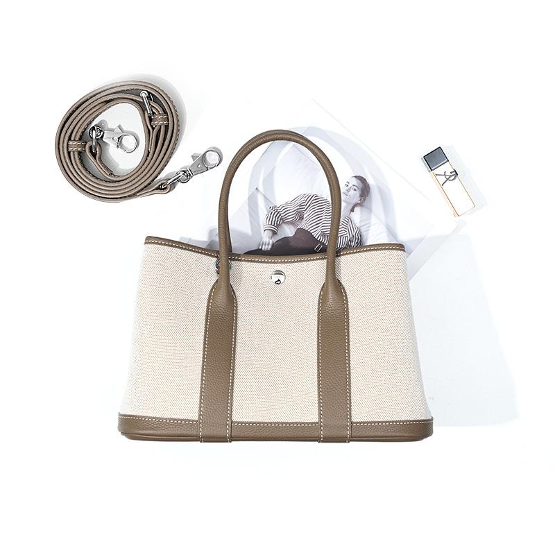Niche high-end women's leather handbag, first-layer cowhide large-capacity canvas contrasting color garden tote bag
