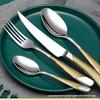 304 Stainless Steel Gold-Handled Western Cutlery: Knife, Fork, and Spoon Set for Home or Restaurant.