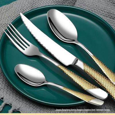 304 Stainless Steel Gold-Handled Western Cutlery: Knife, Fork, and Spoon Set for Home or Restaurant.