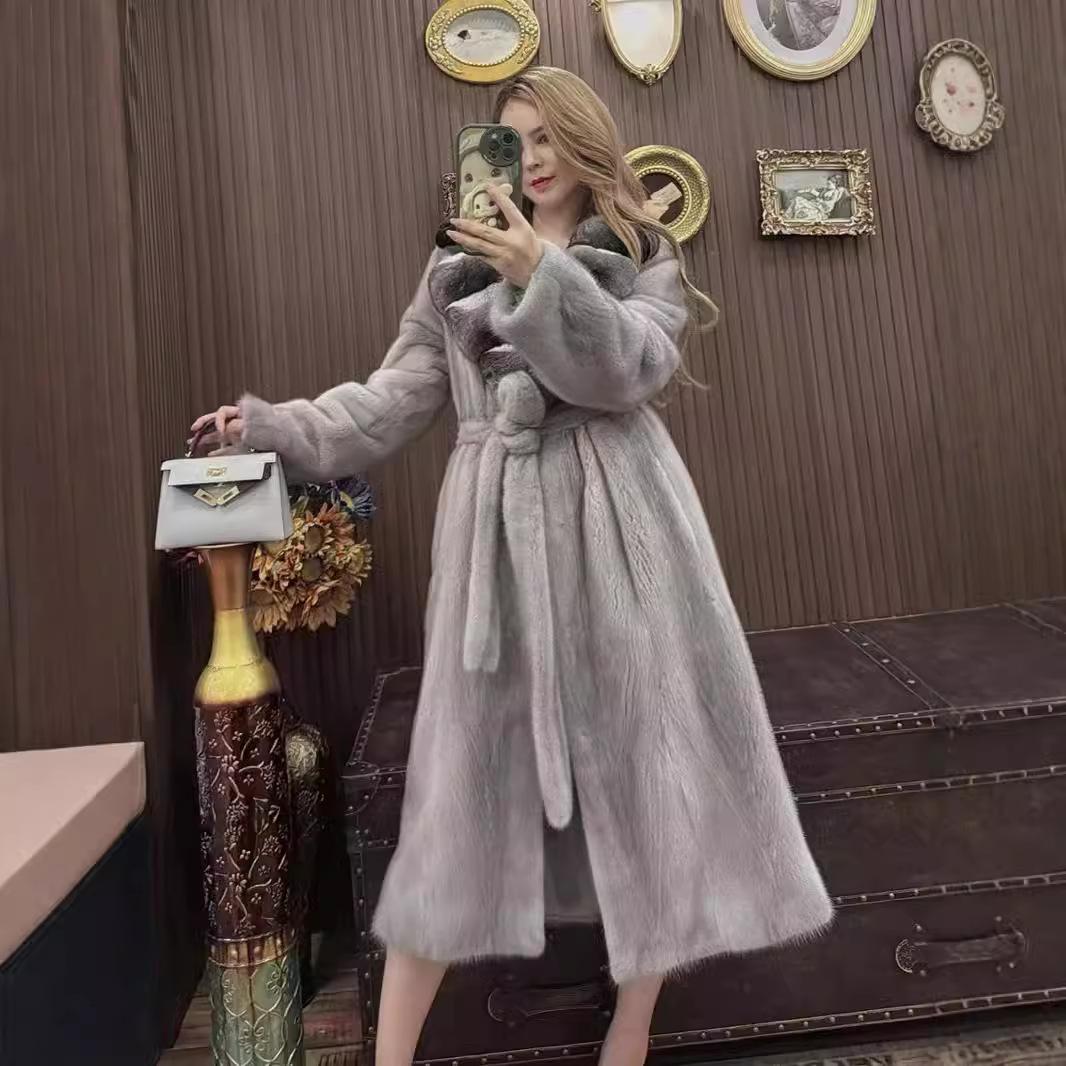 

2025 Норковая шуба с меховым воротником, длинное норковое пальто для женщин на зиму Size:One size fits all