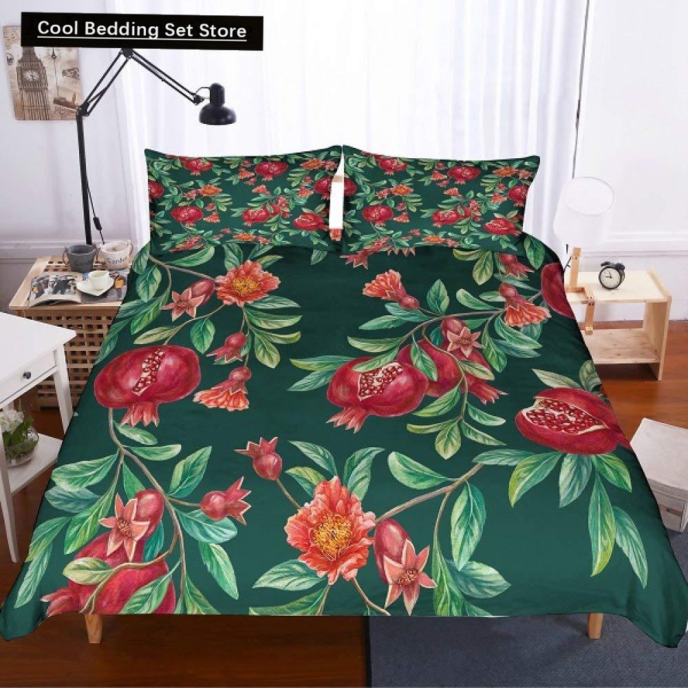 Red Pomegranate King Queen Duvet Cover Summer Tropical Fruit Bedding Set for Adults Green Leaves 2/3pcs Polyester Quilt Cover