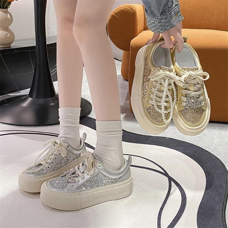 Women Versatile Casual Flats Thick Sole Rhinestone Vintage Dirty Sneakers