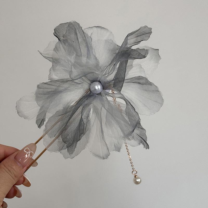 Korean Antique Chiffon Flower Pearl Tassel Hair Stick U-Shaped Hair Clip Temperament Chinese Style Hairpin For Women Headwear