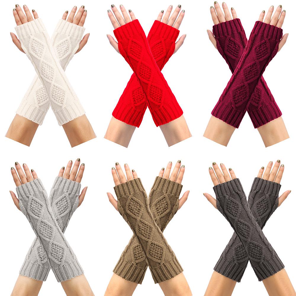 Retro Diamond Knit Wool Fingerless Gloves: Warm Half-Finger Wrist & Arm Warmers