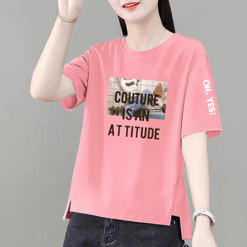 

Женская футболка больших размеров из чистого хлопка с коротким рукавом на лето – Приталенная, скрывающая живот, стильный разрез. XL (115-125 jin)