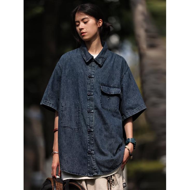 Summer Men'S New Style Distressed Washed Retro Short Sleeved Denim Shirt Street Trendy Workwear Military Style Shirt Top
