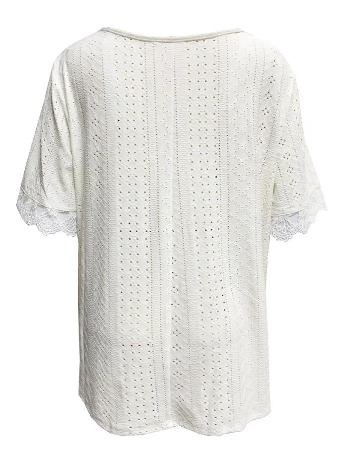 2025 European Women's V-Neck Lace Patchwork Knit T-Shirt