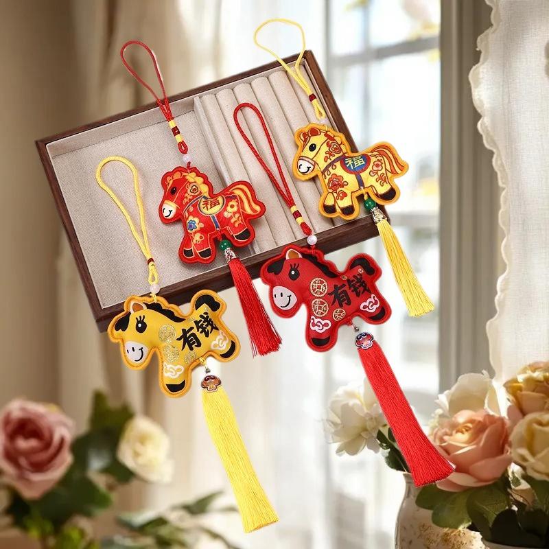 Chinese Style Zodiac Mascot Pendant Blessing Embroidery Lucky Fragrant Bag With Tassels Horse Incense Bag Car Hanging