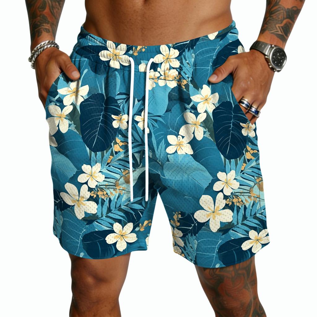 Men's Casual Drawstring Shorts Lightweight Quick Dry Five Point Pants Hawaiian Print Beachwear Summer Bottoms