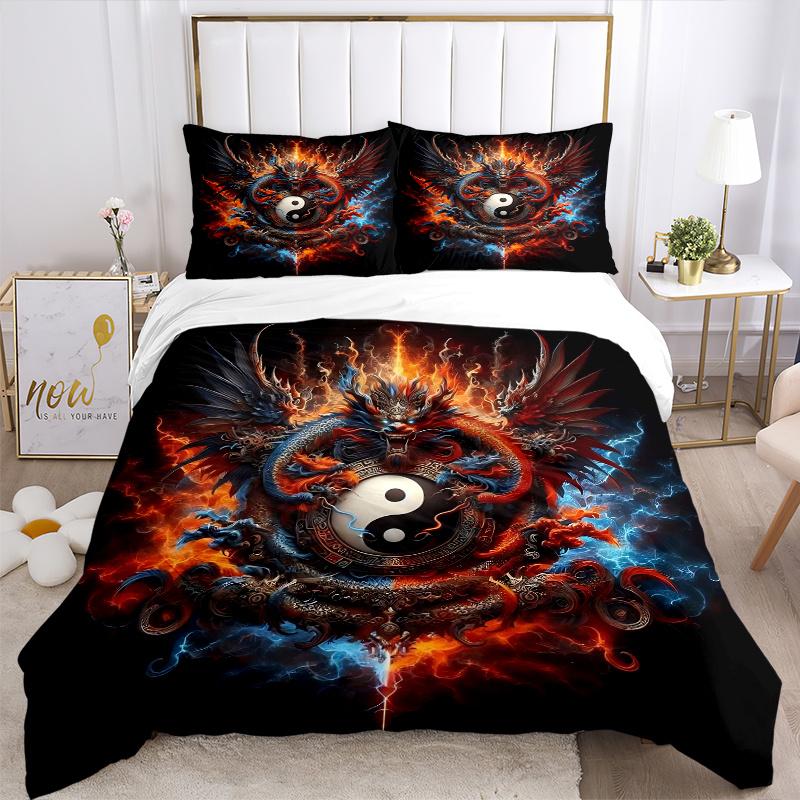3pcs Flaming Dragon Yin Yang Bedding Set - 1 Soft Quilt Cover + 2 Pillowcases, Machine Washable - Suitable