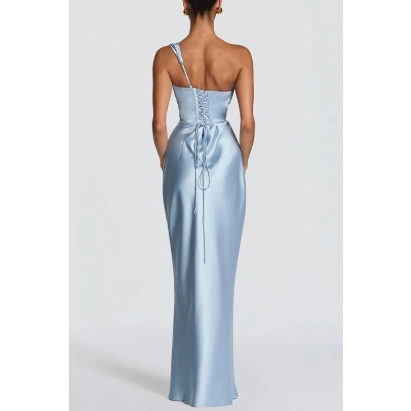 Fashion Women's Satin One Shoulder Long Dress Bandage Pleated Backless Sleeveless Dresses Summer Lady Party Evening Robes New
