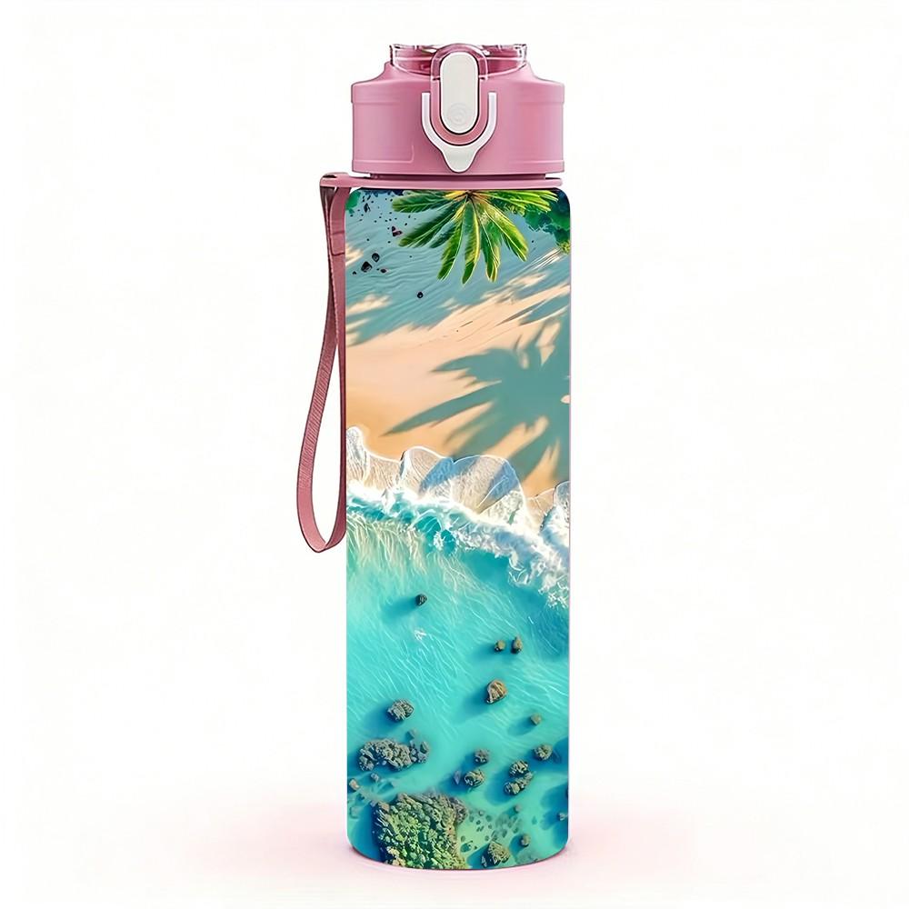 1PC Tropical Beach Ocean Lagoon Scenery Painting 750ml Color Plastic Sports Water Bottle Leakproof Flip Straw Lid Suitable for Sports Office Home Use