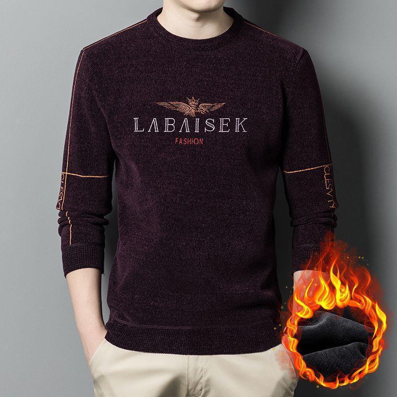Winter Men's Crewneck Long Sleeve Sweater New Men's Chenille Plus Fleece Knit Sweater Men's Casual Men's Undercoat