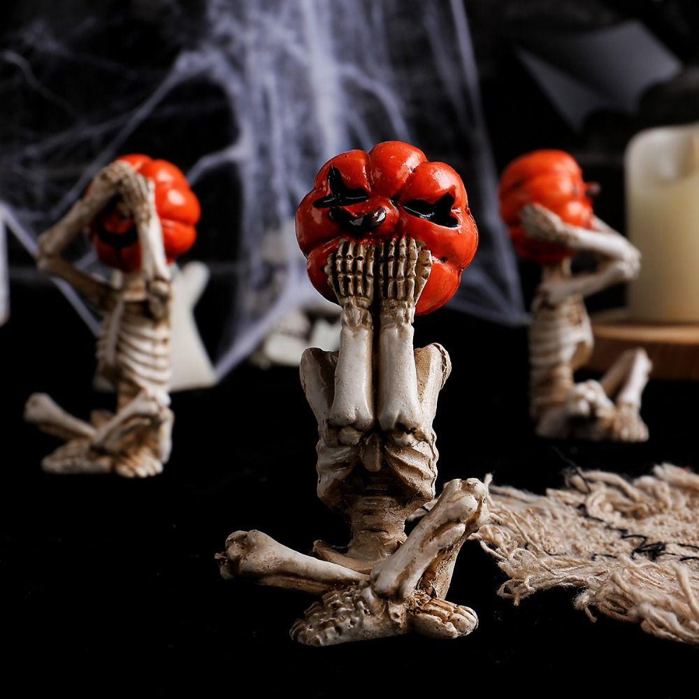 3Pcs/Set Resin Craft Pumpkin Head Skull Doll Realistic Halloween Skeleton Figurines  Dead Decorative