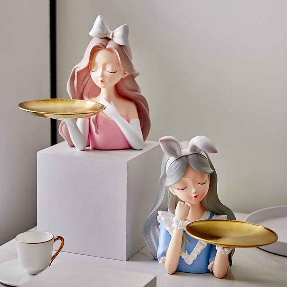 Cute Girl Key Holder Figurine Entrance Crafts Resin Table Sculpture Candy Sundries Household Supplies for Office Coffee Shop