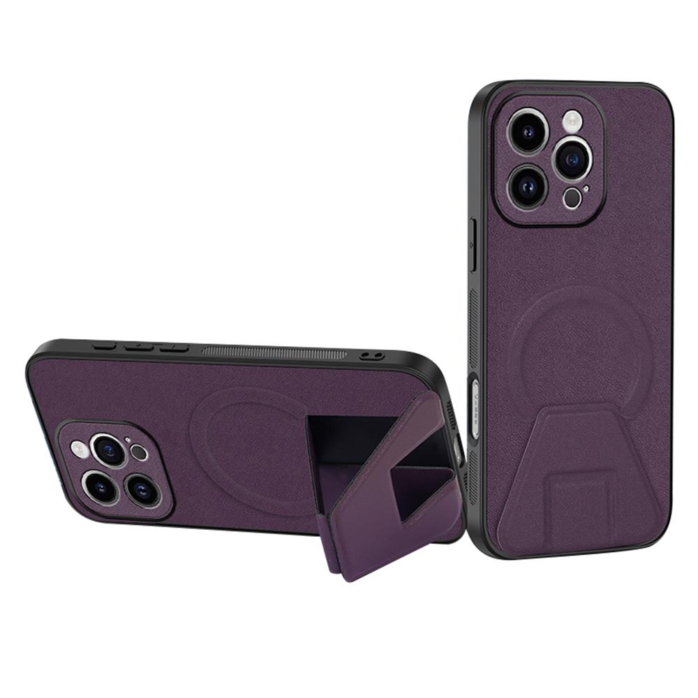 

For iPhone 16 Pro Case with Kickstand PU Leather+TPU Phone Cover Compatible with MagSafe Dark Purple
