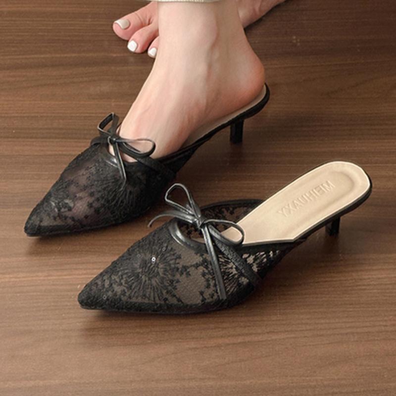 Fashion Bow Women Slippers Pointed Toe Fashion Mules Shoes Elegant Sexy Woman Sandals 2025 Summer Slingback Pumps Luxury Zapatos Mujer