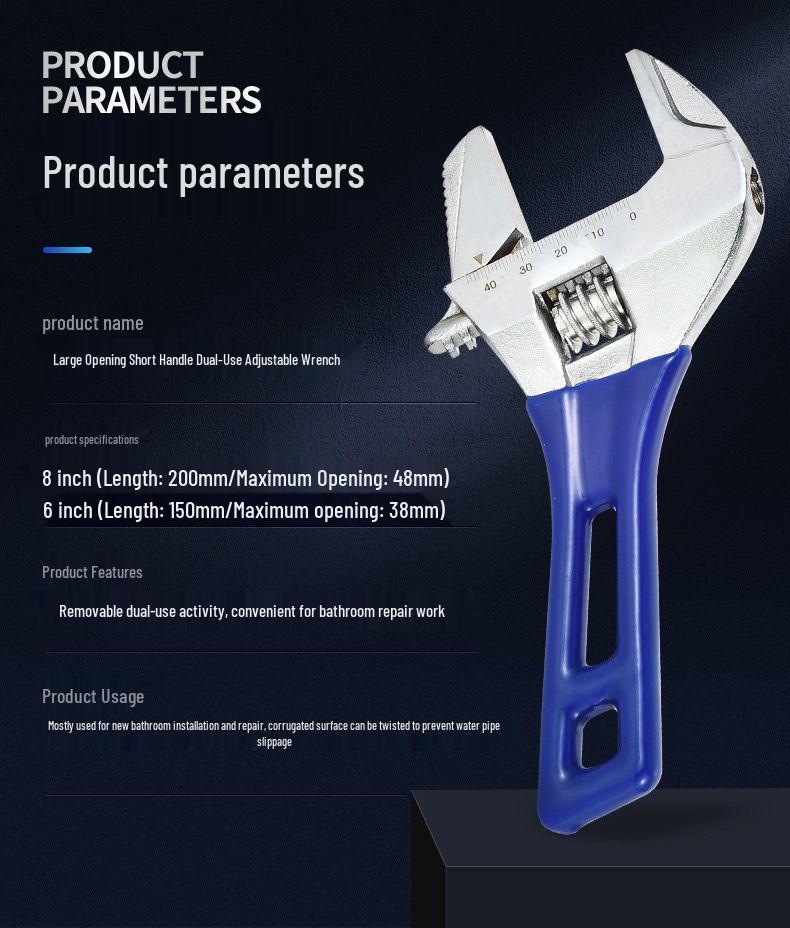 Large Universal Adjustable Wrench with Short Handle for Multifunctional Bathroom and Pipe Installation