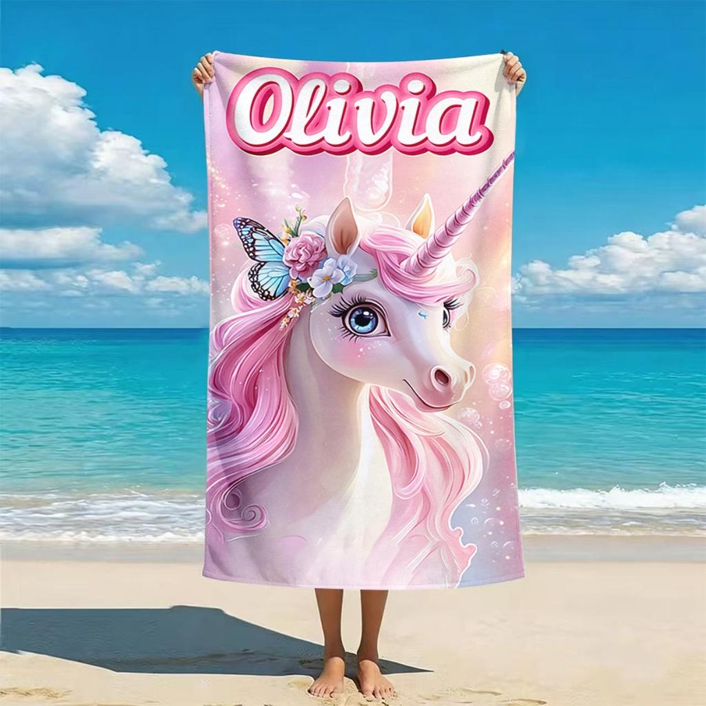 Kids Unicorn Beach Towel, Super Absorbent Quick Dry Microfiber Towel, Cute Cartoon Unicorn Print Sandproof Blanket for Girls