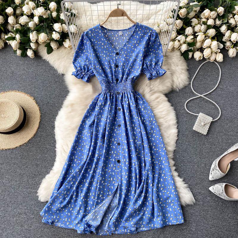 French-Style Retro Floral Dress with Puff Sleeves and Button-Up Slim Fit