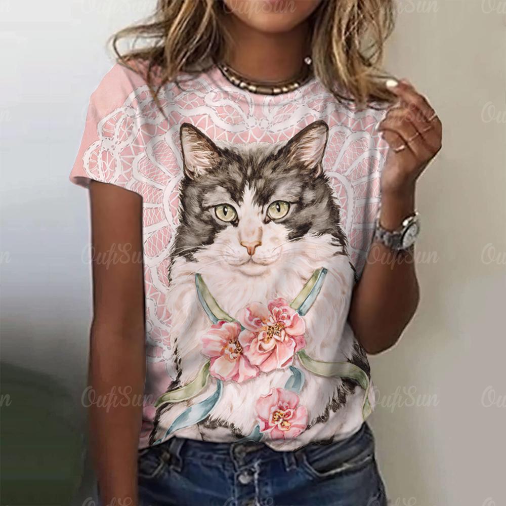 3D Fun Cat Printed Women's T-shirt Top Summer Fashion T-shirt Animal Short Sleeve T-shirt Loose Clothing