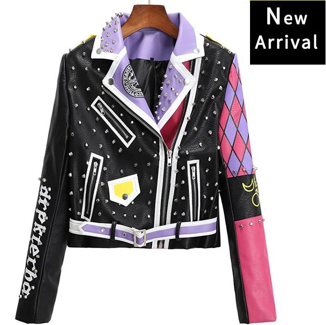 

YuNYi Sujin + мотоциклетная кожаная куртка для женщин + кожаная куртка с контрастным принтом в стиле рок-панк