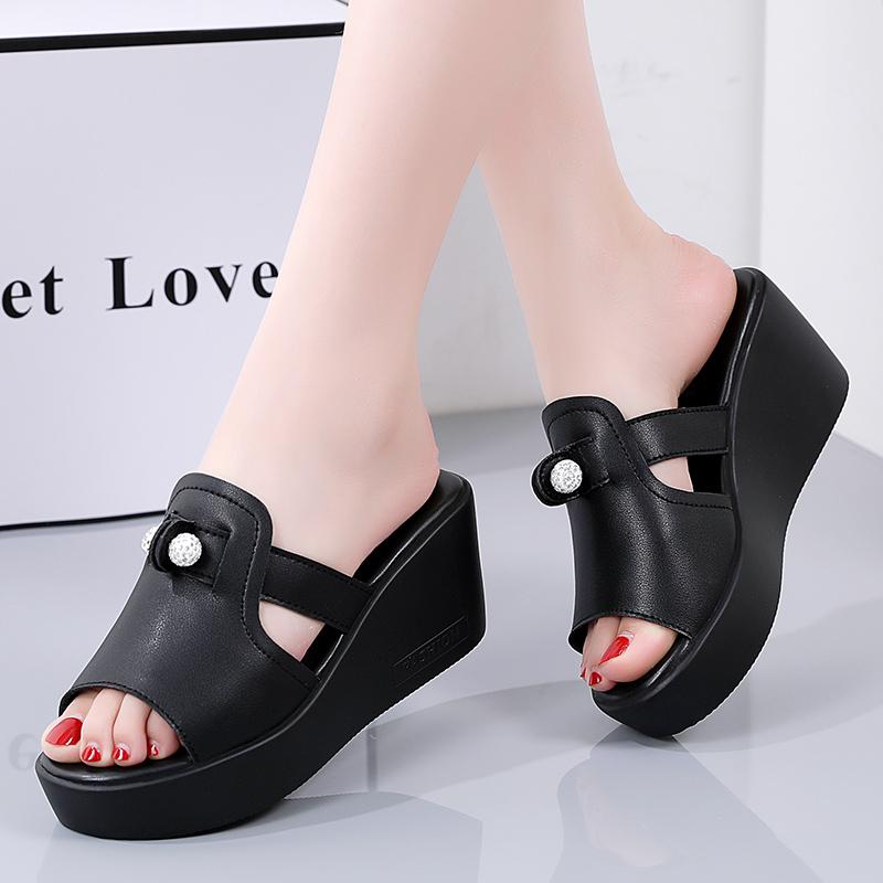 Women White Slide Slippers Summer Open Toe Chunky Wedge Shoes Lady Black Casual Thick Sole Platform Slippers