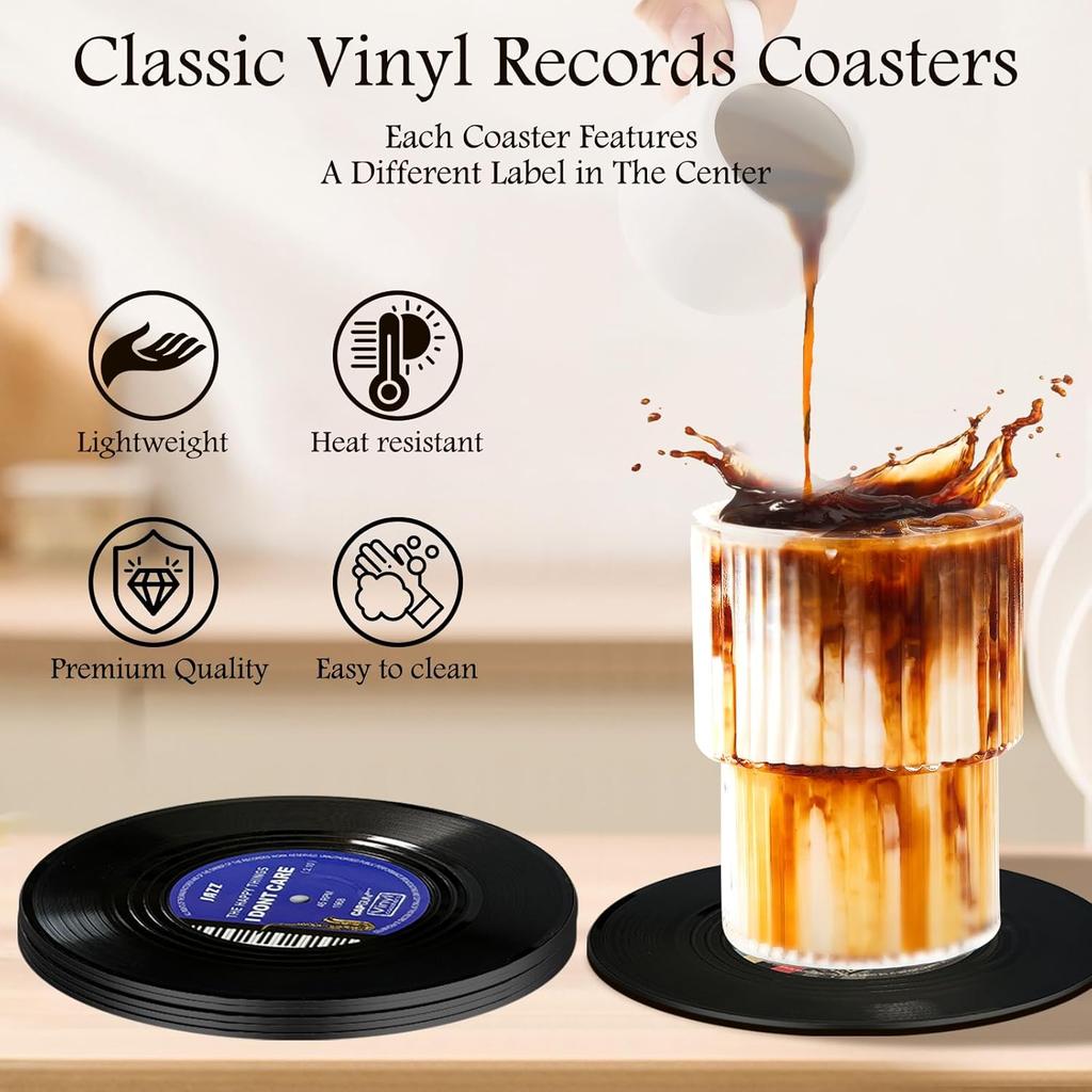 Tsevsesno Set of 6/4 Retro Record Vinyl Coasters for Drinks,Funny Home Decor & Housewarming Gifts New Home, for Music Lovers (4)