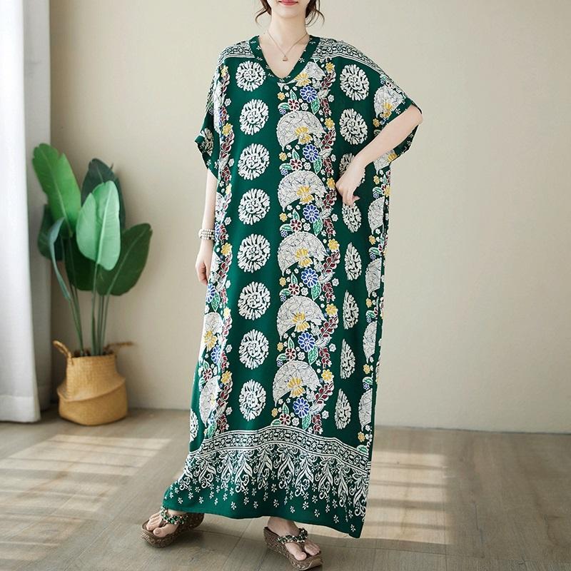 Short Sleeve Plus Size Cotton Satin Vintage Floral New In Dresses for Women Casual Loose Long Summer Dress