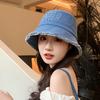 New denim rough edge bucket hat women's versatile embroidered bow basin hat show face small temperament sun hat