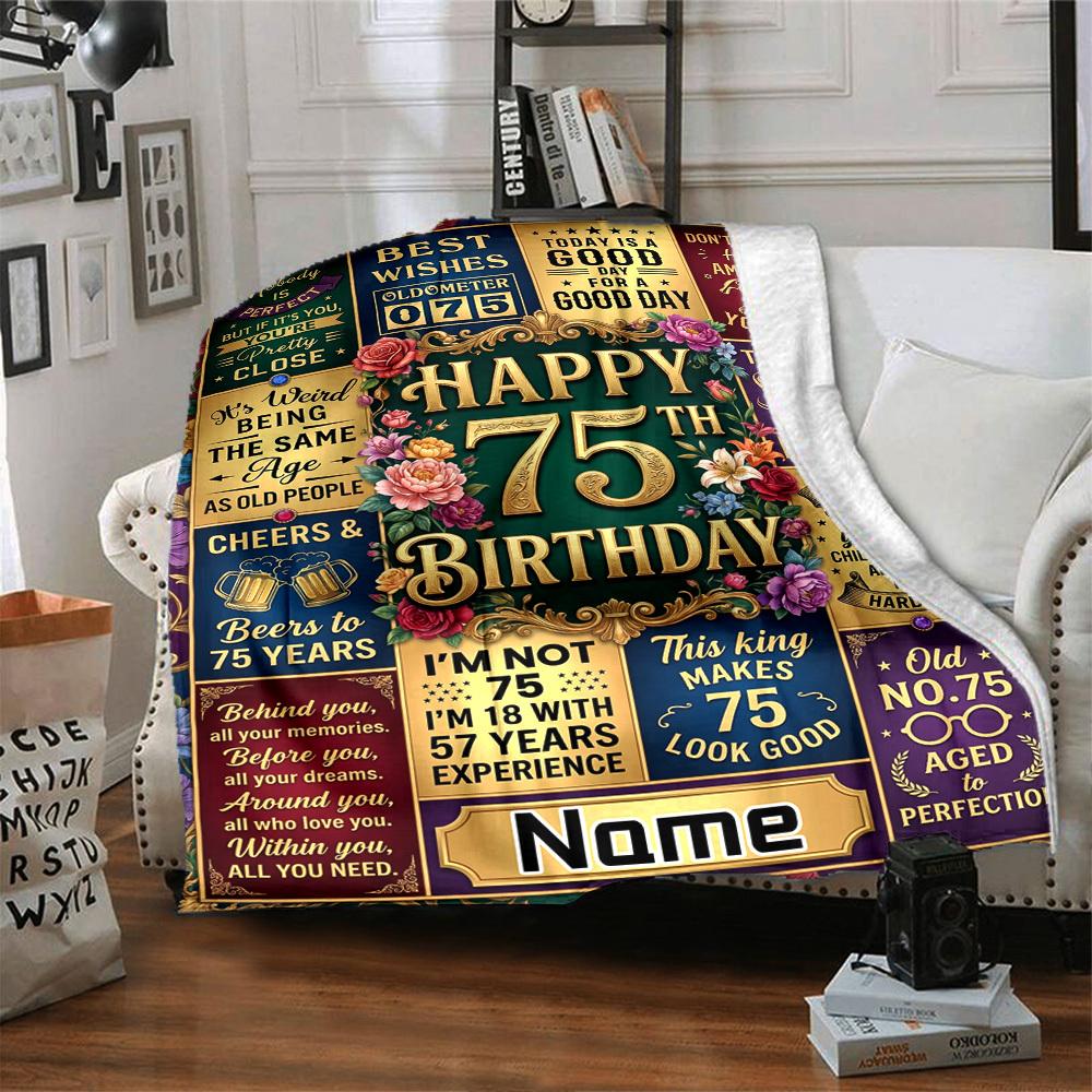 Happy 75Th Birthday Celebration Blanket Personalized Name Soft Warm And Versatile For Sofa Bed Office And Travel Machine Washable Comfortable In All