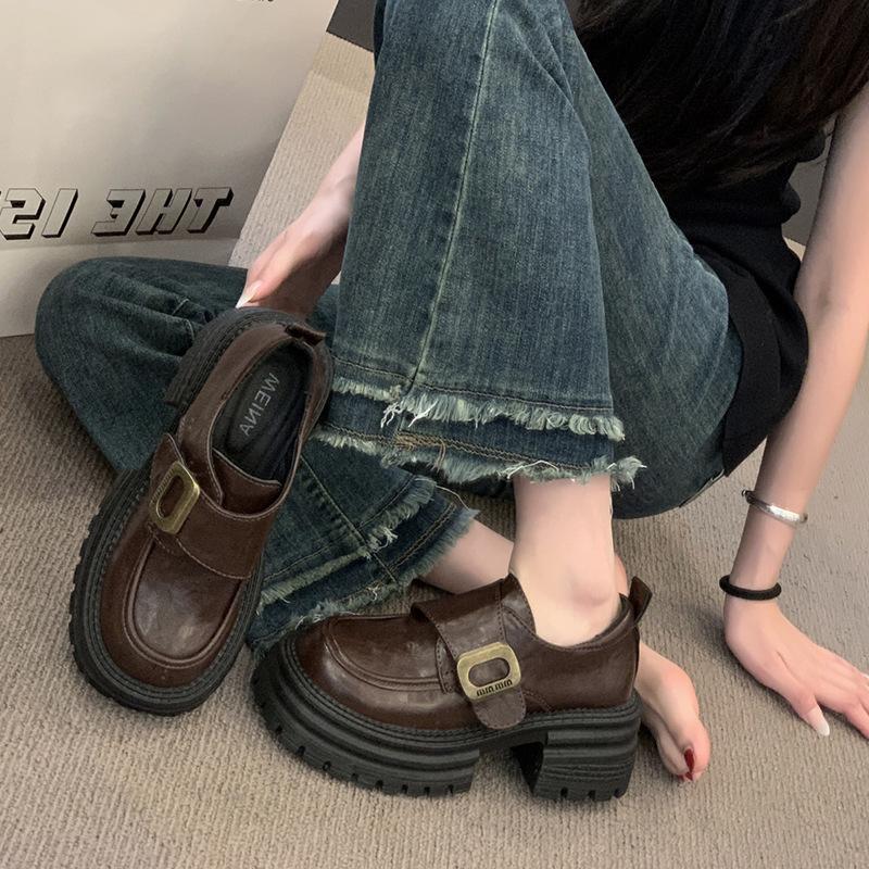 thick-soled thick heel British style small leather shoes women's 2025 new versatile height-increasing women's shoes single shoes black loafers women's