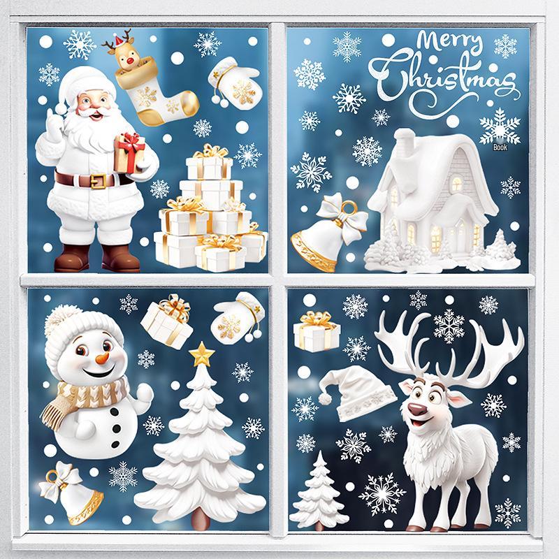 Christmas Snowflake and Reindeer Wall & Window Stickers - Static Santa Claus Decor for Refrigerator and Shops