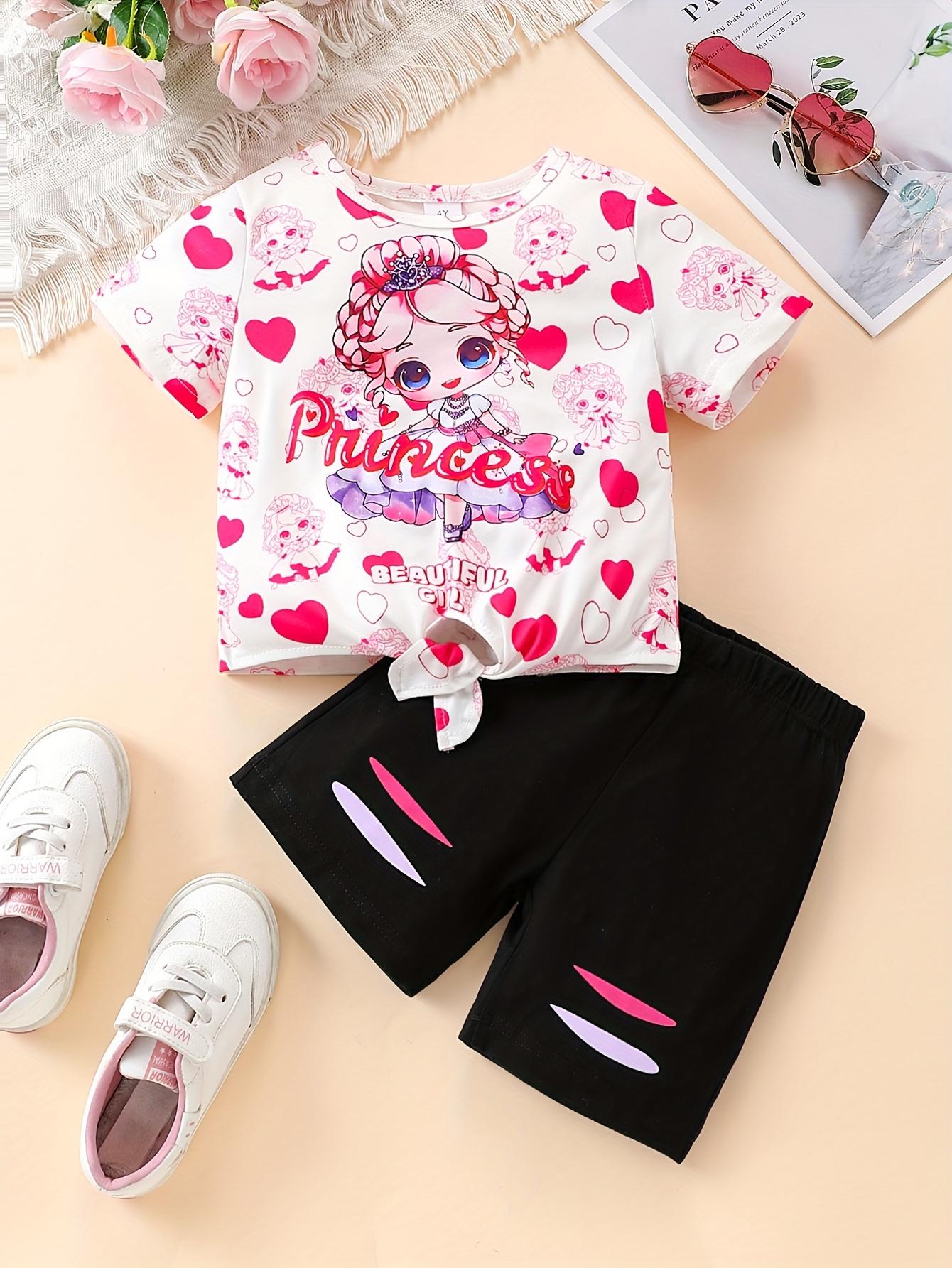 Two-piece set: 3-7 years old short-sleeved cartoon girl heart-shaped letter print cross-knit top and girl short pants. Fashionable set. 2-3Y белый