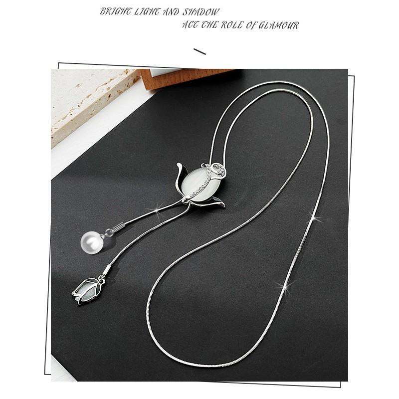 Elegant Long Pendant Necklace With Tulip Cats Eye Stone Flower Design Women Gold Or Tone Alloy Snake Chain 81cm