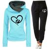 2Pcs/Set Women Autumn Winter Heart Print Sport Outfit Hooded Long Sleeve Front Pocket Sweatshirt Tops Elastic Waist Jogger Pants Tracksuit